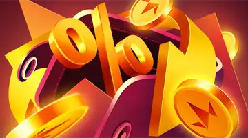 Изображение золотого символа процента в окружении золотых монет, символизирующее кэшбэк-бонус в Онлайн-казино Vulkan Prestige.